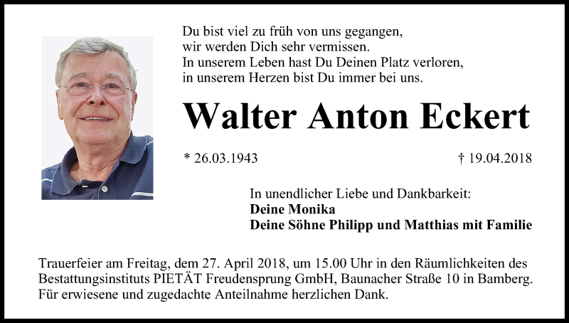  Traueranzeige für Walter Anton Eckert vom 25.04.2018 aus MGO