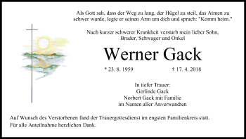 Anzeige von Werner Gack von MGO