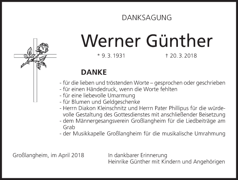  Traueranzeige für Werner Günther vom 14.04.2018 aus MGO