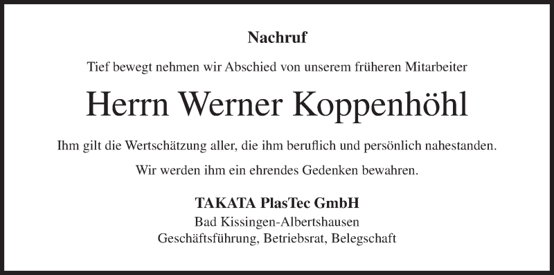  Traueranzeige für Werner Koppenhöhl vom 13.04.2018 aus MGO