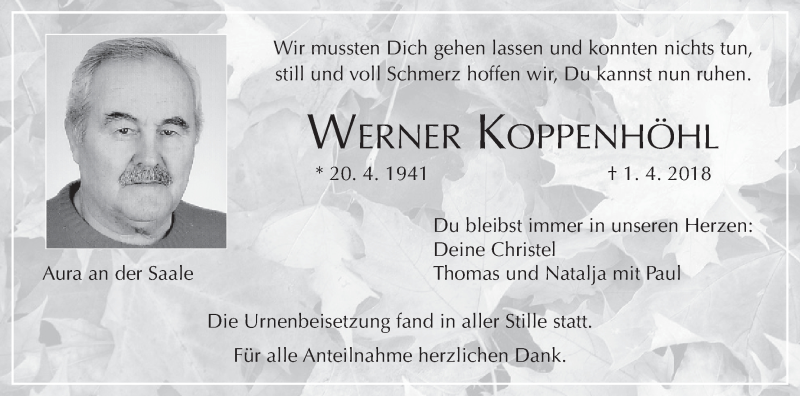 Traueranzeige für Werner Koppenhöhl vom 07.04.2018 aus MGO