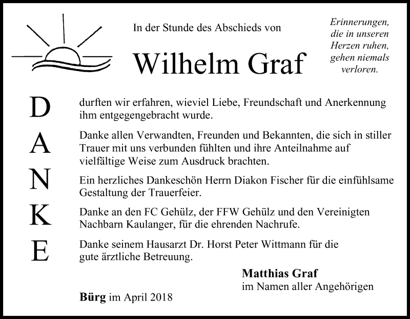  Traueranzeige für Wilhelm Graf vom 14.04.2018 aus MGO