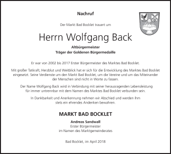 Anzeige von Wolfgang Back von MGO