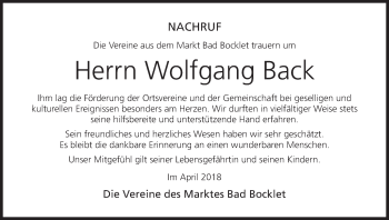 Anzeige von Wolfgang Back von MGO