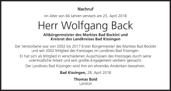 Anzeige von Wolfgang Back von MGO
