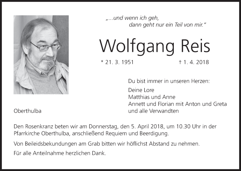  Traueranzeige für Wolfgang Reis vom 04.04.2018 aus MGO
