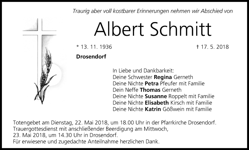  Traueranzeige für Albert Schmitt vom 19.05.2018 aus MGO
