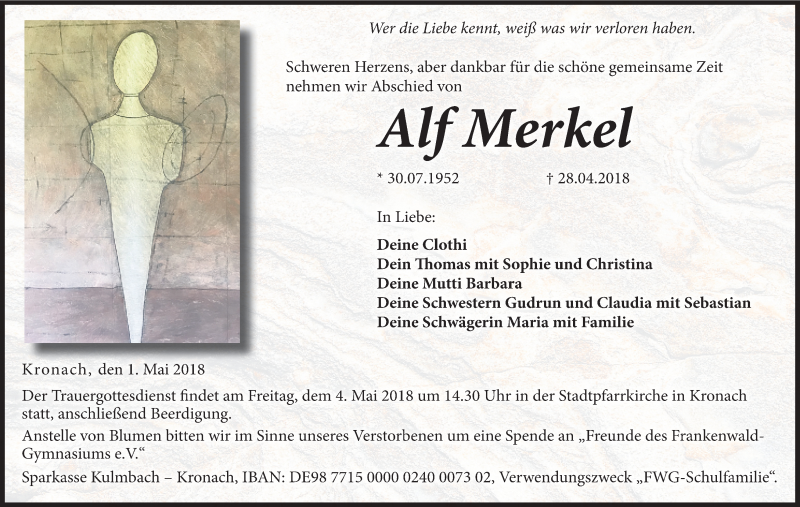 Traueranzeige für Alf Merkel vom 01.05.2018 aus MGO