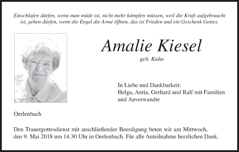  Traueranzeige für Amalie Kiesel vom 08.05.2018 aus MGO