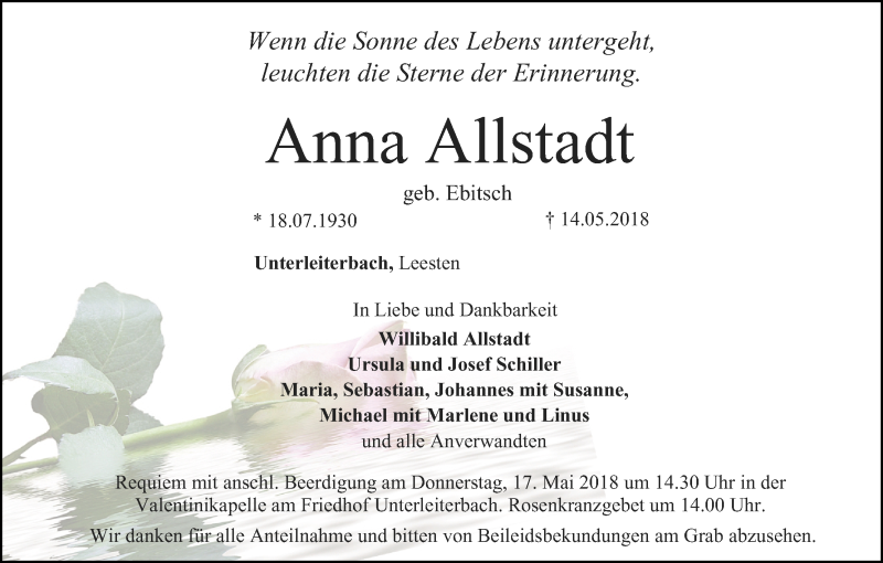  Traueranzeige für Anna Allstadt vom 15.05.2018 aus MGO