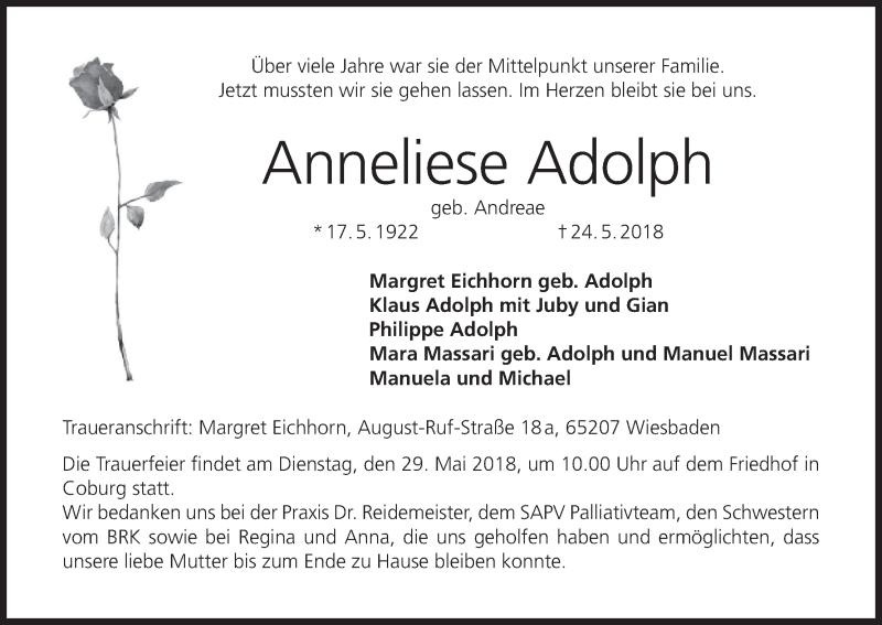  Traueranzeige für Anneliese Adolph vom 26.05.2018 aus MGO