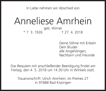 Anzeige von Anneliese Amrhein von MGO