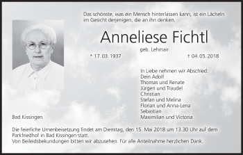 Anzeige von Anneliese Fichtl von MGO