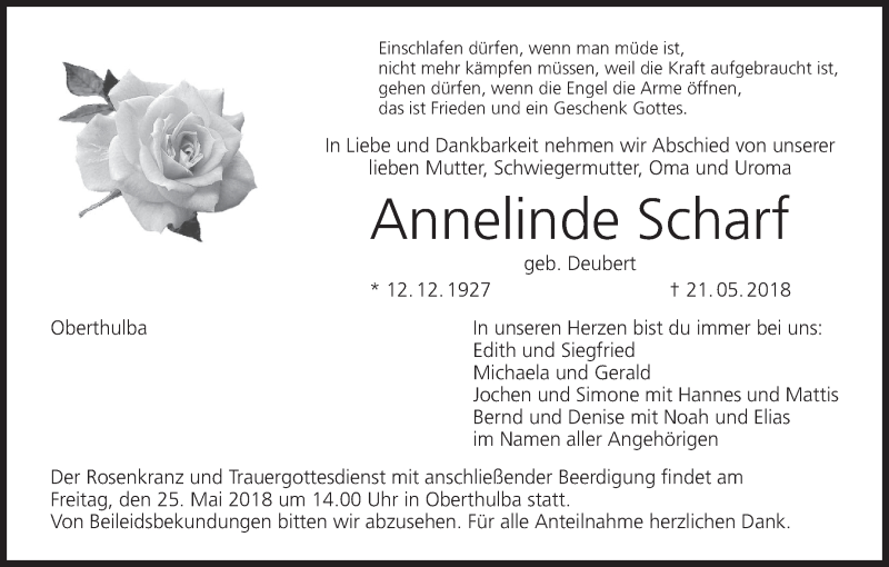  Traueranzeige für Annelinde Scharf vom 23.05.2018 aus MGO