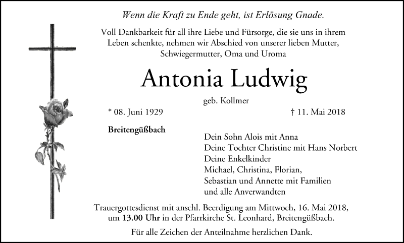  Traueranzeige für Antonia Ludwig vom 14.05.2018 aus MGO