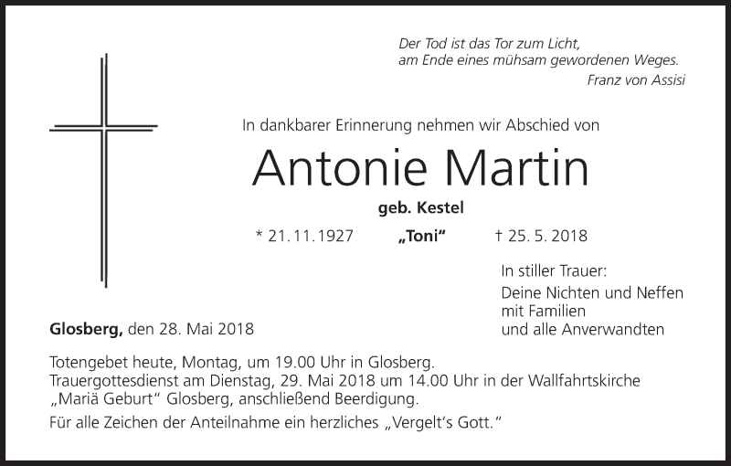  Traueranzeige für Antonie Martin vom 28.05.2018 aus MGO