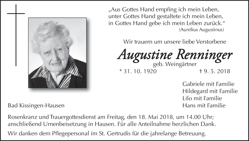  Traueranzeige für Augustine Renninger vom 15.05.2018 aus MGO