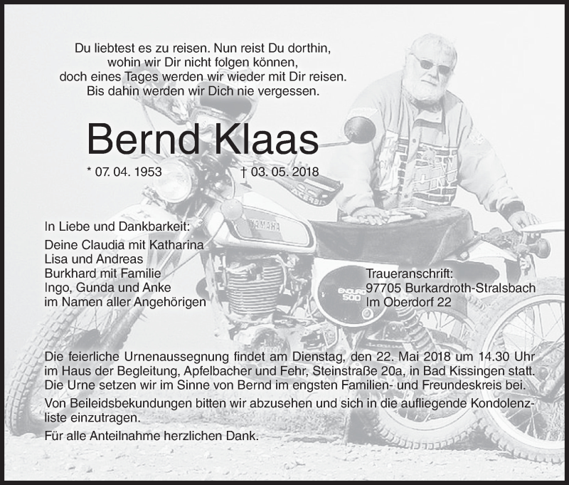 Traueranzeige für Bernd Klaas vom 12.05.2018 aus MGO