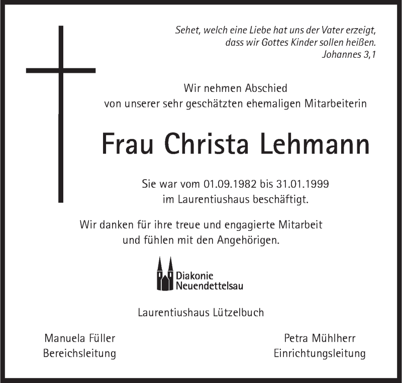  Traueranzeige für Christa Lehmann vom 16.05.2018 aus MGO