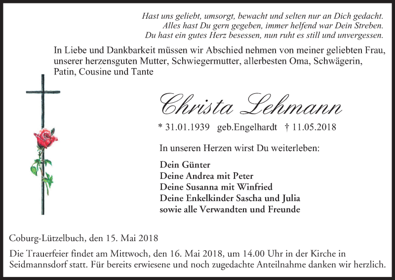  Traueranzeige für Christa Lehmann vom 15.05.2018 aus MGO