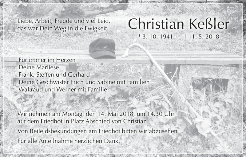  Traueranzeige für Christian Keßler vom 12.05.2018 aus MGO