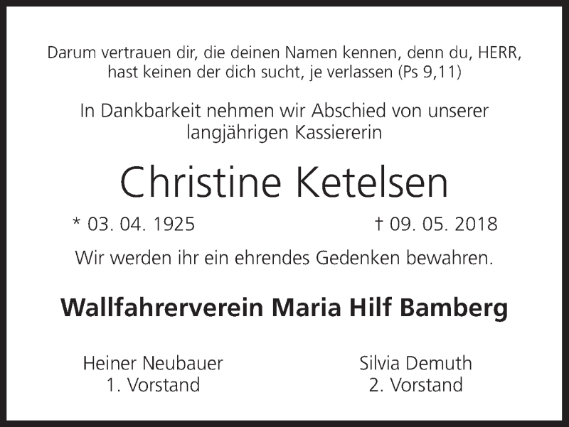  Traueranzeige für Christine Ketelsen vom 16.05.2018 aus MGO