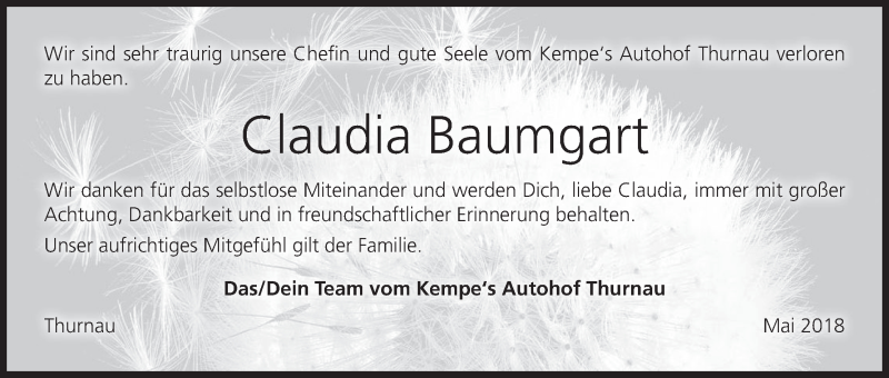  Traueranzeige für Claudia Baumgart vom 12.05.2018 aus MGO