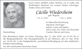 Anzeige von Cäcilie Wiedersheim von MGO