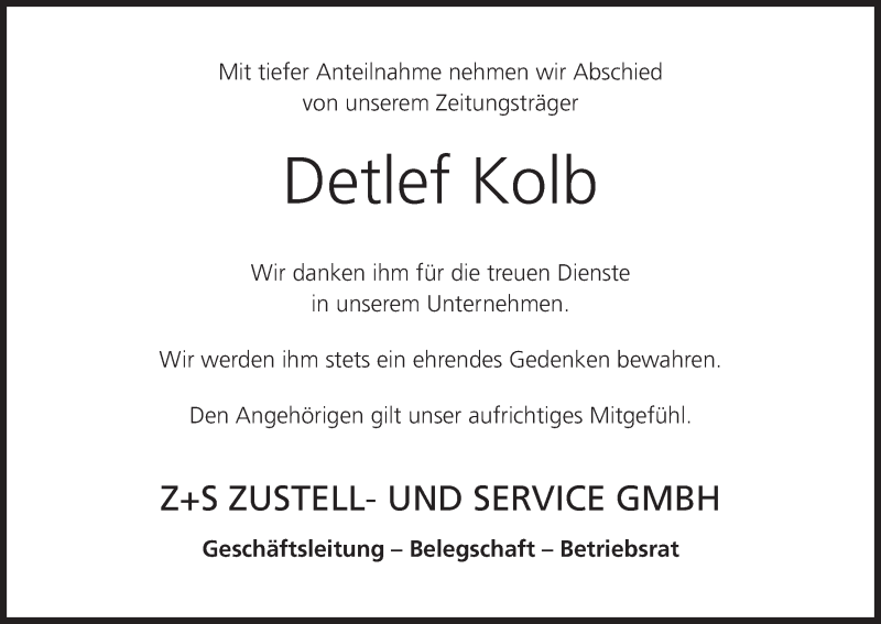  Traueranzeige für Detlef Kolb vom 12.05.2018 aus MGO