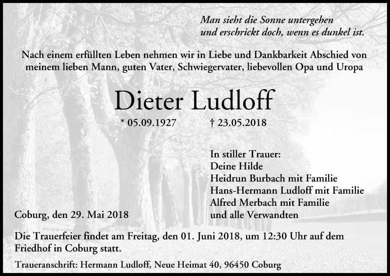  Traueranzeige für Dieter Ludloff vom 29.05.2018 aus MGO