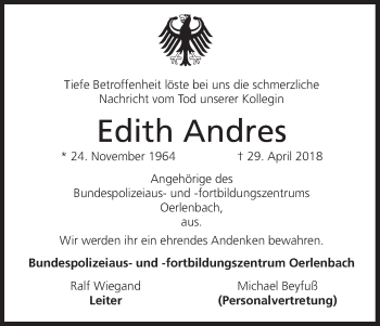 Anzeige von Edith Andres von MGO