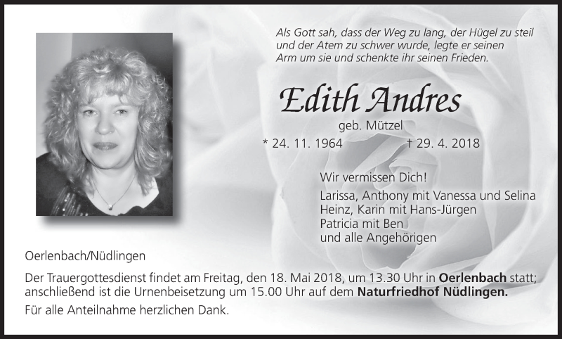  Traueranzeige für Edith Andres vom 12.05.2018 aus MGO