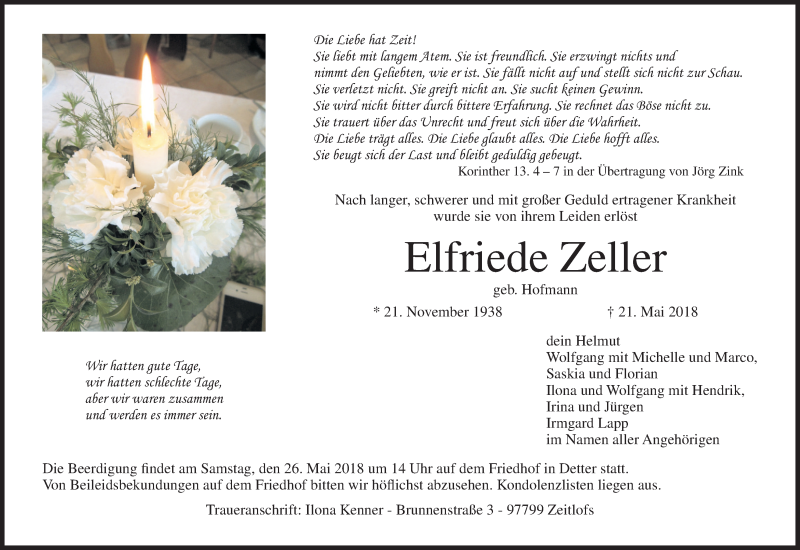  Traueranzeige für Elfriede Zeller vom 24.05.2018 aus MGO