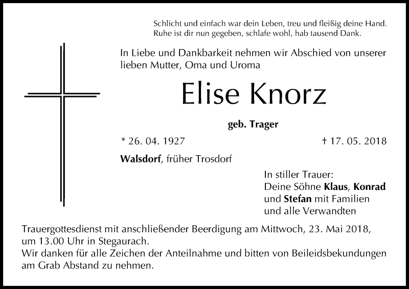  Traueranzeige für Elise Knorz vom 19.05.2018 aus MGO