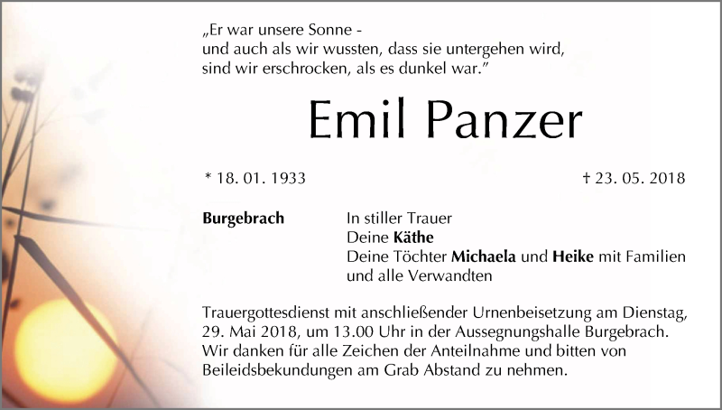  Traueranzeige für Emil Panzer vom 26.05.2018 aus MGO