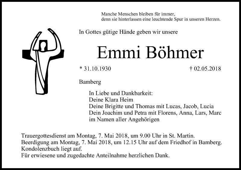  Traueranzeige für Emmi Böhmer vom 05.05.2018 aus MGO
