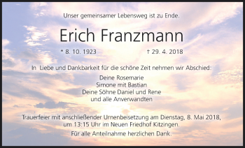 Anzeige von Erich Franzmann von MGO