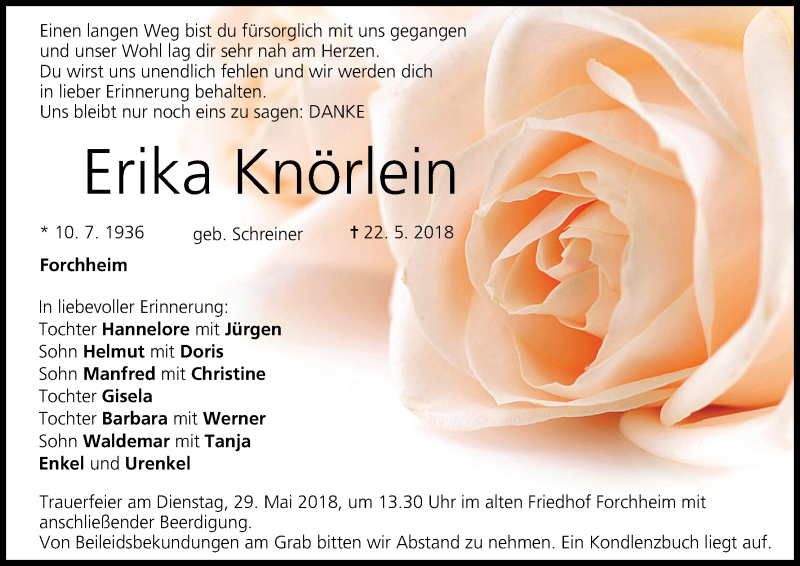  Traueranzeige für Erika Knörlein vom 25.05.2018 aus MGO