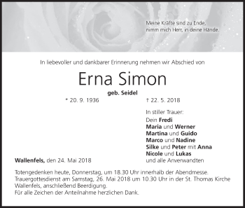 Anzeige von Erna Simon von MGO