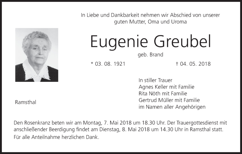  Traueranzeige für Eugenie Greubel vom 07.05.2018 aus MGO