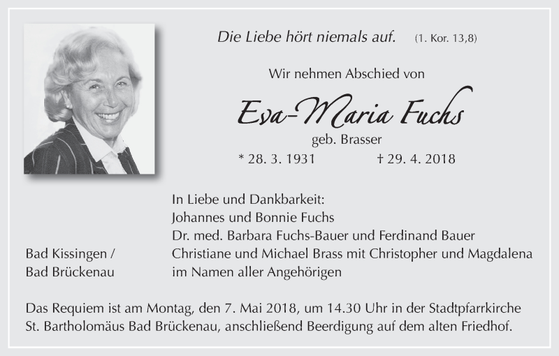  Traueranzeige für Eva-Maria Fuchs vom 03.05.2018 aus MGO