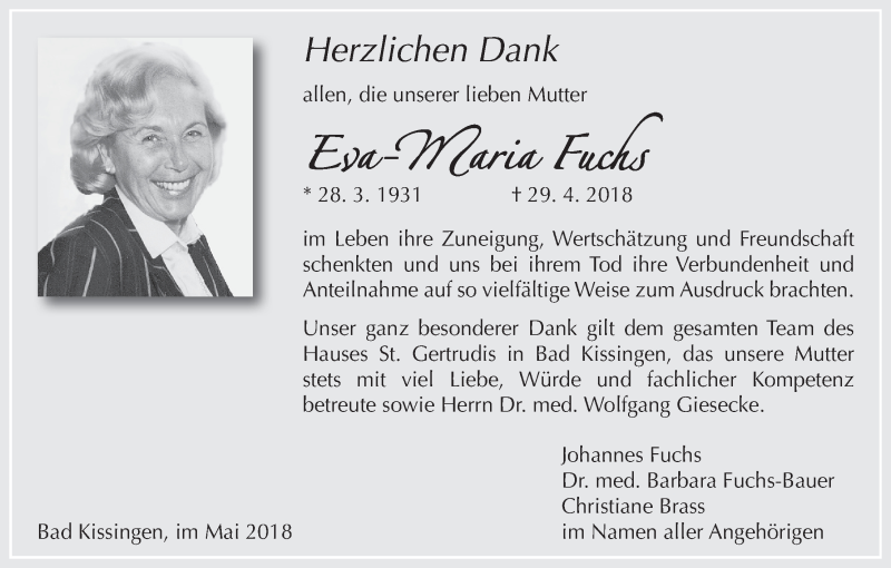  Traueranzeige für Eva-Maria Fuchs vom 19.05.2018 aus MGO