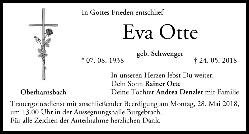  Traueranzeige für Eva Otte vom 26.05.2018 aus MGO