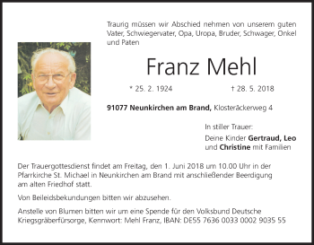 Anzeige von Franz Mehl von MGO
