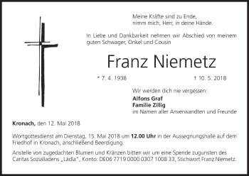 Anzeige von Franz Niemetz von MGO