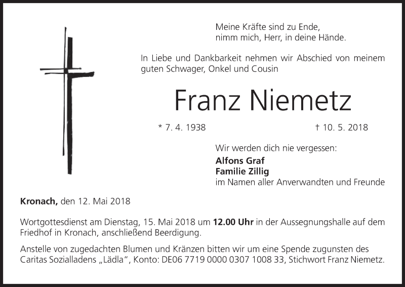  Traueranzeige für Franz Niemetz vom 12.05.2018 aus MGO