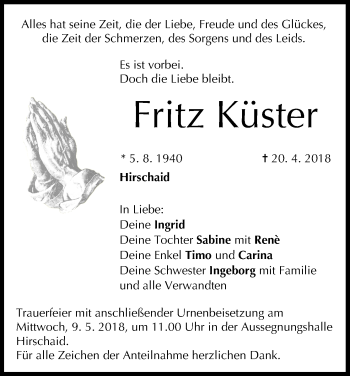 Anzeige von Fritz Küster von MGO