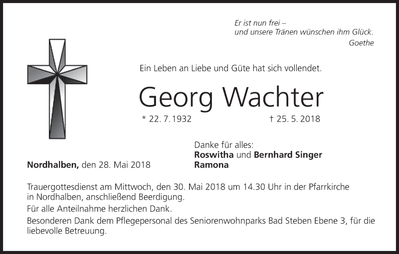  Traueranzeige für Georg Wachter vom 28.05.2018 aus MGO