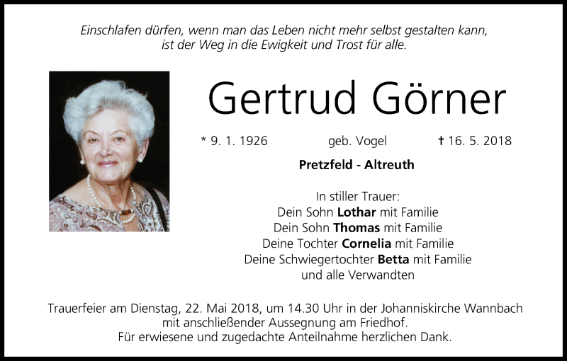  Traueranzeige für Gertrud Görner vom 19.05.2018 aus MGO