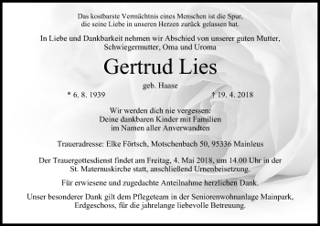 Anzeige von Gertrud Lies von MGO